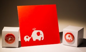 een rood geboortekaartje met olifantjes en een vogeltje, 2 vierkante doopsuiker doosjes zijn elk versierd met een rode magneet button, eentje met het vogeltje, de andere met een olifantje