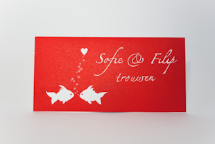 Een rode trouwuitnodiging met vissen, Sofie en Filip trouwen, staat op de kaart.